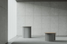 Minimalist room with DS-5010 tables by Simon Busse Studio for de Sede, gray concrete look, natural window light. 