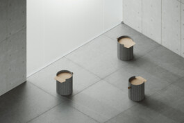 Minimalist room with DS-5010 tables by Simon Busse Studio for de Sede, arranged near a frosted window; also serve as stools. 