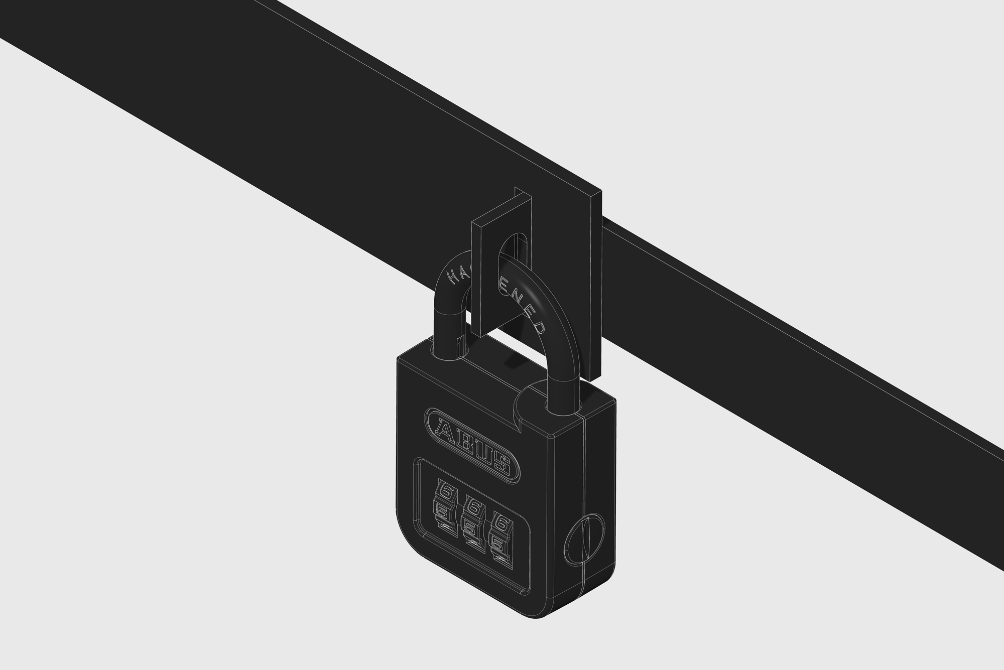 A black combination padlock by Industrial Designer Simon Busse Studio for ABUS is secured to a bar in an isometric, simple style. 