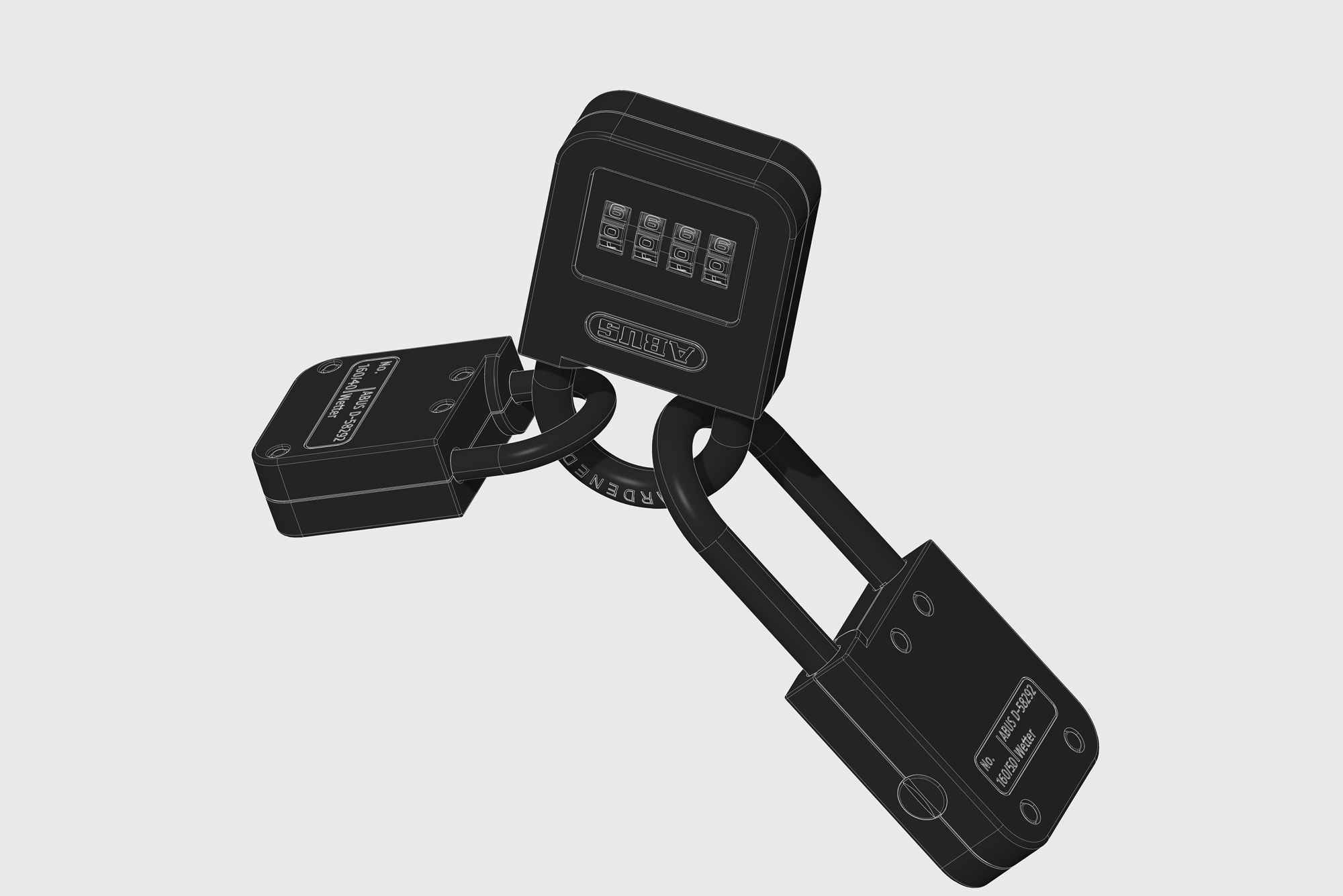 Industrial Designer Simon Busse Studio 3D-rendered image: two black square padlocks with open shackles for ABUS, on light background. 
