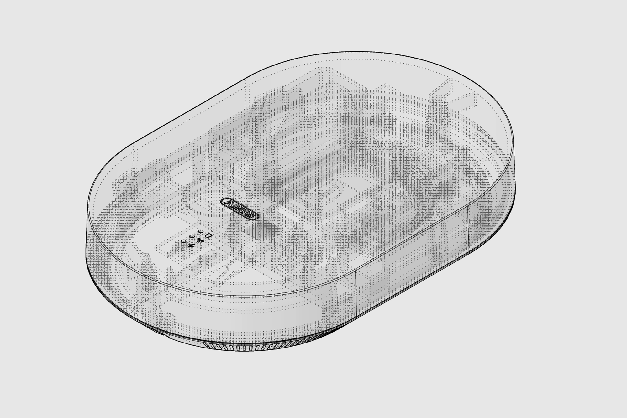 Isometric wireframe of oval Smartvest Pro Series device, designed by Industrial Designer Simon Busse Studio for ABUS Security. 
