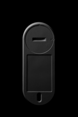 A black, rectangular key fob by Industrial Designer Simon Busse Studio for ABUS Smart Vest Pro Security Products, on black.